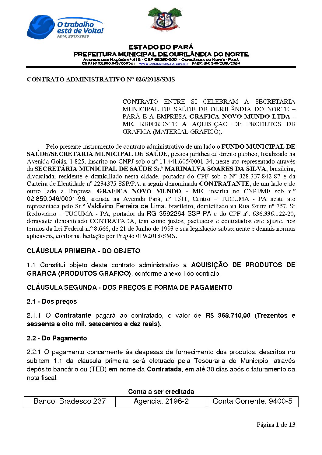 CONTRATO 026 NOVO MUNDO - Prefeitura Municipal de Ourilândia do Norte